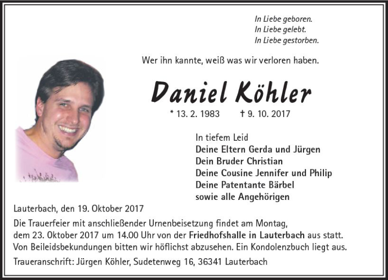  Traueranzeige für Daniel Köhler vom 19.10.2017 aus  Lauterbacher Anzeiger