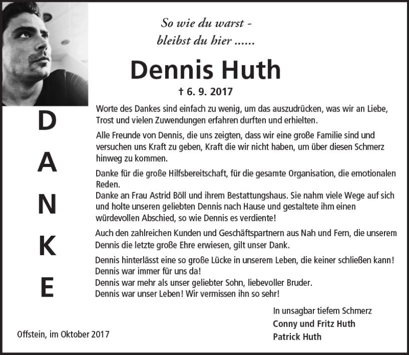  Traueranzeige für Dennis Huth vom 28.10.2017 aus Trauerportal Rhein Main Presse