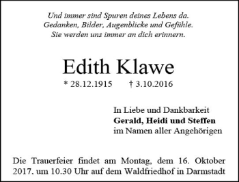Traueranzeige von Edith Klawe von Trauerportal Echo Online