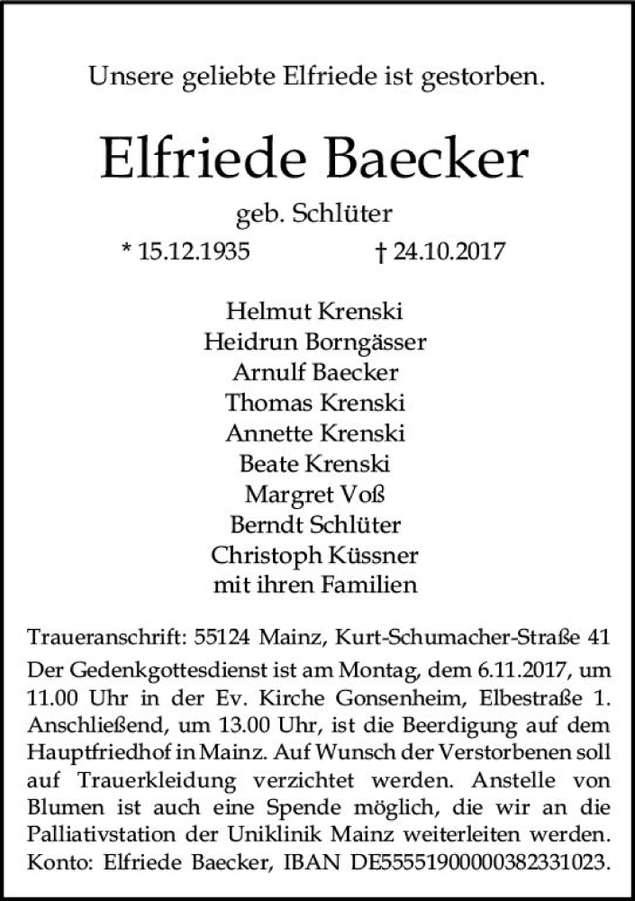  Traueranzeige für Elfriede Baecker vom 28.10.2017 aus Trauerportal Rhein Main Presse