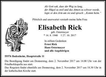 Traueranzeige von Elisabeth Rick von Trauerportal Rhein Main Presse