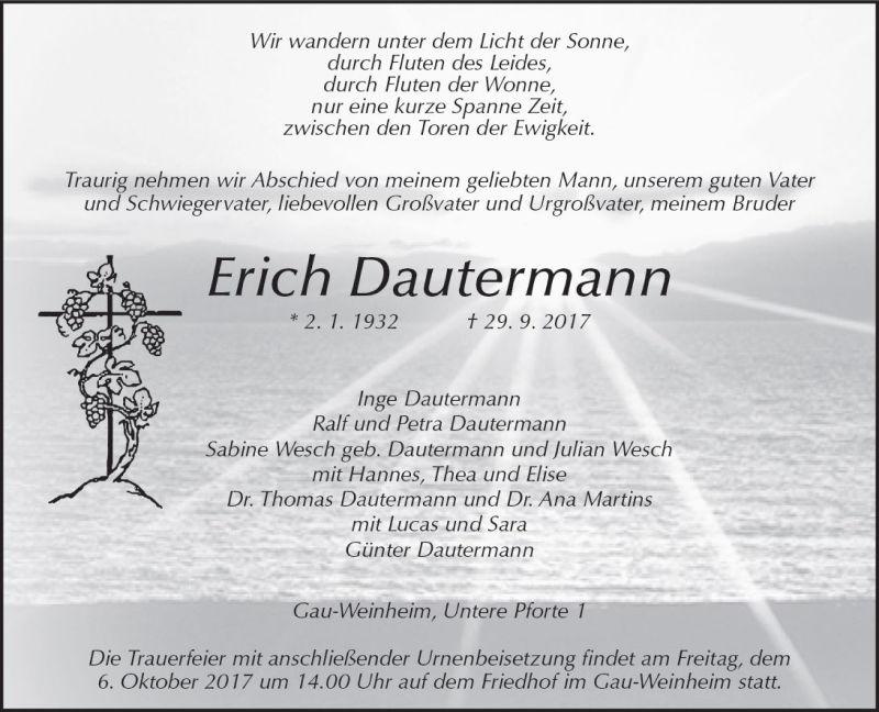  Traueranzeige für Erich Dautermann vom 04.10.2017 aus Trauerportal Rhein Main Presse
