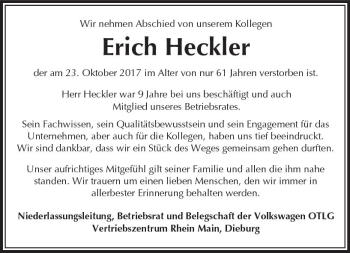 Traueranzeige von Erich Heckler von Trauerportal Echo Online