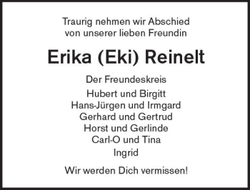 Traueranzeige von Erika Eki Reinelt von Trauerportal Rhein Main Presse