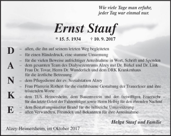 Traueranzeige von Ernst Stauf von Trauerportal Rhein Main Presse