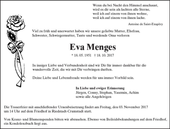 Traueranzeige von Eva Menges von Trauerportal Echo Online