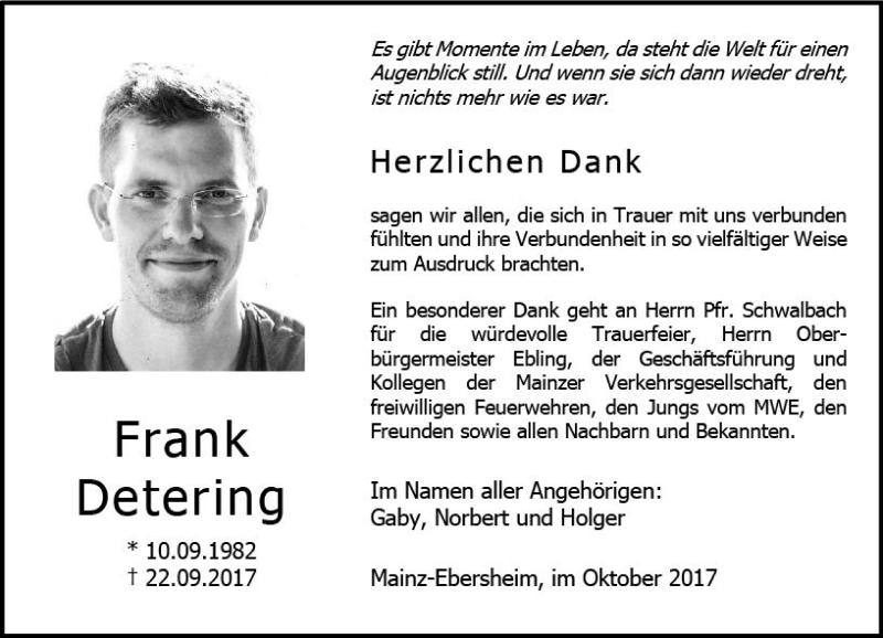  Traueranzeige für Frank Detering vom 28.10.2017 aus Trauerportal Rhein Main Presse