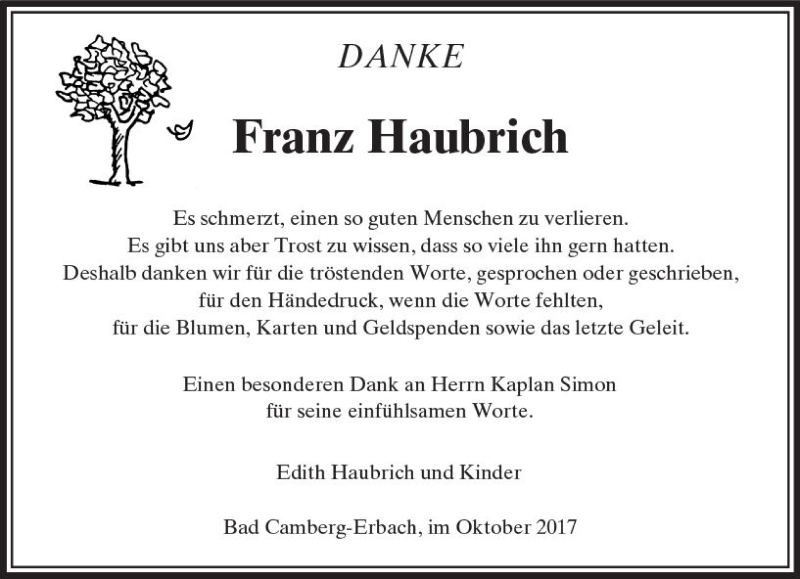  Traueranzeige für Franz Haubrich vom 19.10.2017 aus  Camberger Anzeiger