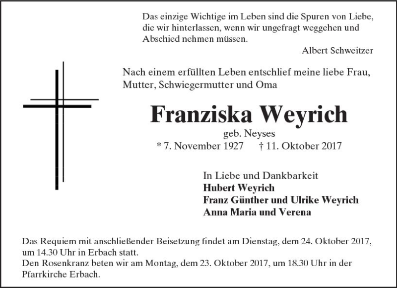  Traueranzeige für Franziska Weyrich vom 19.10.2017 aus  Camberger Anzeiger