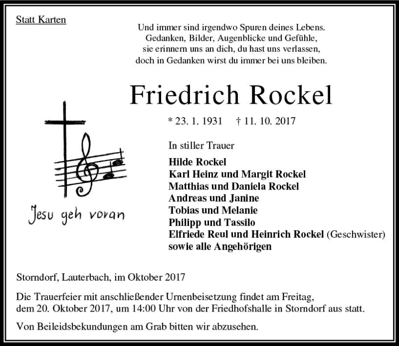  Traueranzeige für Friedrich Rockel vom 18.10.2017 aus VRM Trauer