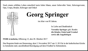 Traueranzeige von Georg Springer von Trauerportal Rhein Main Presse