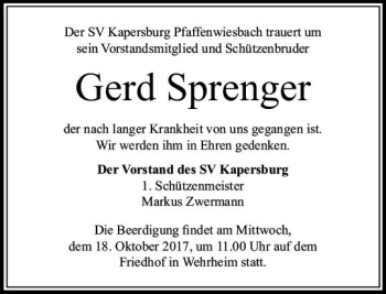 Traueranzeige von Gerd Sprenger von  Usinger Anzeiger
