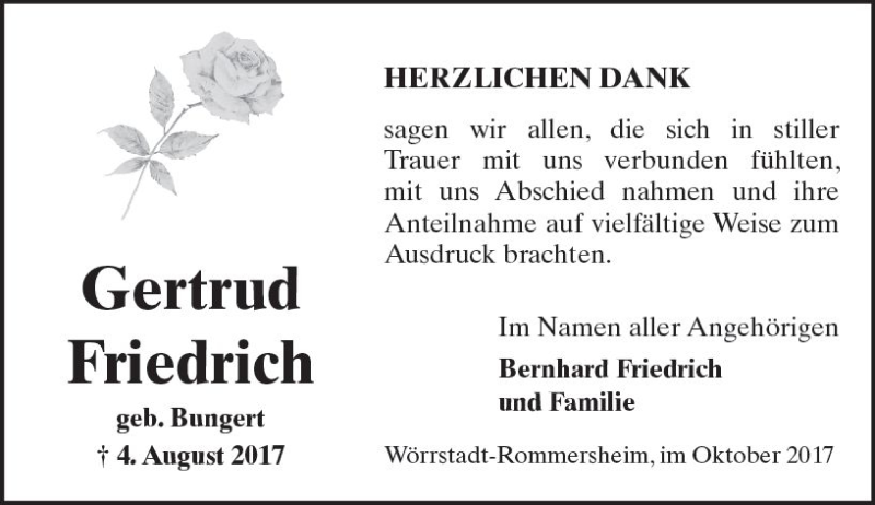  Traueranzeige für Gertrud Friedrich vom 06.10.2017 aus Trauerportal Rhein Main Presse