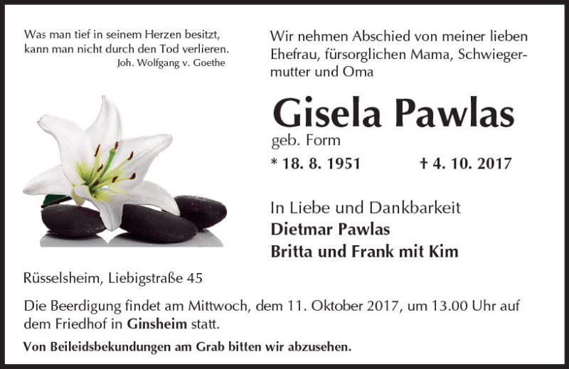  Traueranzeige für Gisela Pawlas vom 07.10.2017 aus Trauerportal Rhein Main Presse