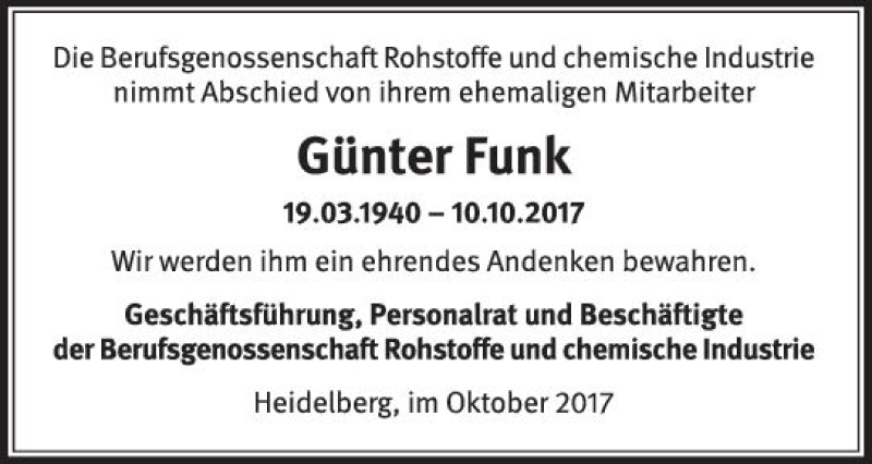  Traueranzeige für Günter Funk vom 21.10.2017 aus Trauerportal Rhein Main Presse
