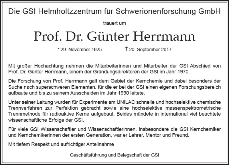  Traueranzeige für Günter Herrmann vom 11.10.2017 aus Trauerportal Echo Online
