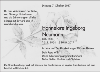 Traueranzeige von Hannelore Ingeborg Neumann von Trauerportal Echo Online