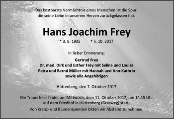 Traueranzeige von Hans Joachim Frey von  Gießener Anzeiger