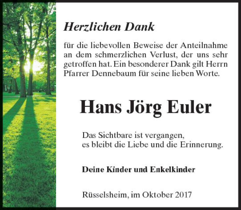  Traueranzeige für Hans Jörg Euler vom 21.10.2017 aus Trauerportal Rhein Main Presse