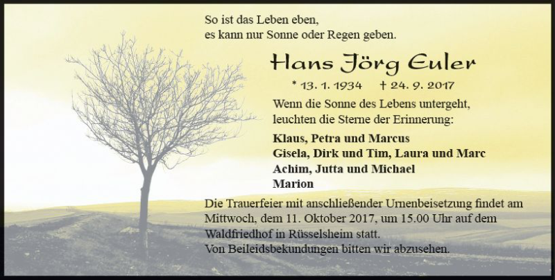 Traueranzeige für Hans Jörg Euler vom 07.10.2017 aus Trauerportal Rhein Main Presse