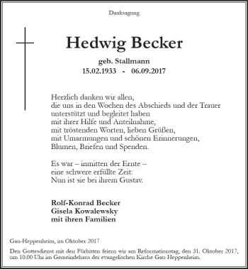 Traueranzeige von Hedwig Becker von Trauerportal Rhein Main Presse
