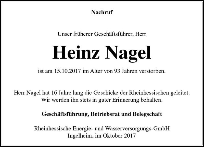  Traueranzeige für Heinz Nagel vom 28.10.2017 aus Trauerportal Rhein Main Presse