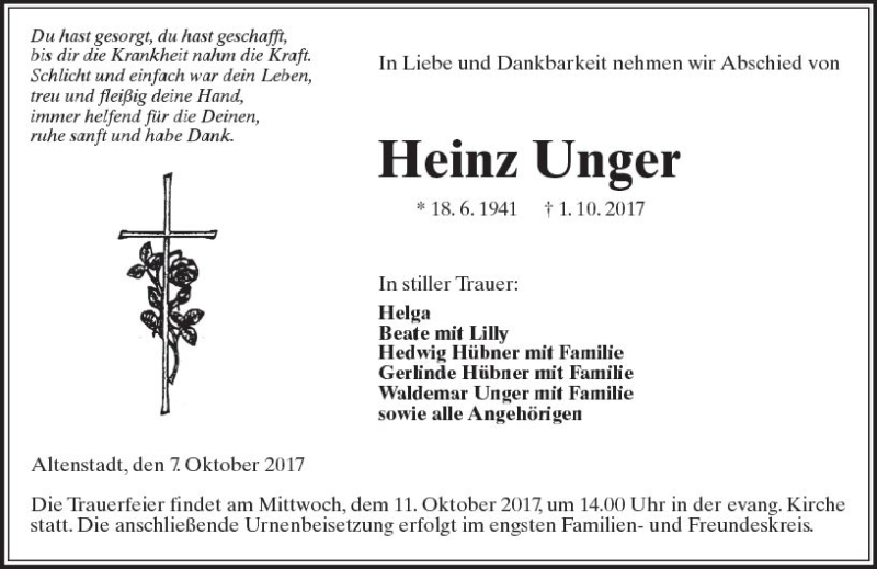  Traueranzeige für Heinz Unger vom 07.10.2017 aus  Kreisanzeiger