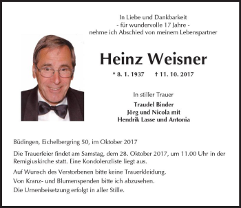 Traueranzeige von Heinz Weisner von  Kreisanzeiger