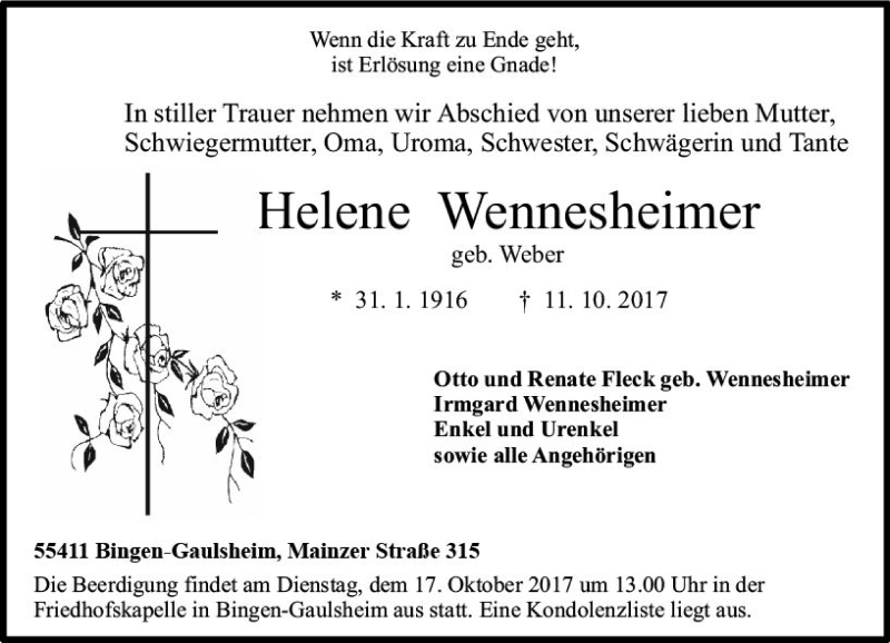  Traueranzeige für Helene Wennesheimer vom 14.10.2017 aus Trauerportal Rhein Main Presse