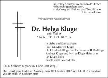 Traueranzeige von Helga Kluge von VRM Trauer