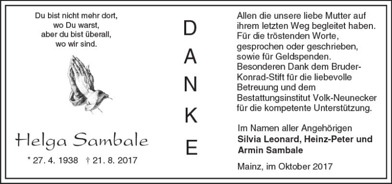  Traueranzeige für Helga Sambale vom 25.10.2017 aus Trauerportal Rhein Main Presse