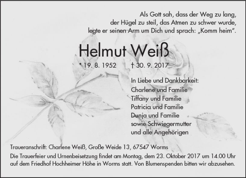  Traueranzeige für Helmut Weiß vom 19.10.2017 aus Trauerportal Rhein Main Presse