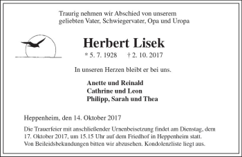 Traueranzeige von Herbert Lisek von Trauerportal Echo Online