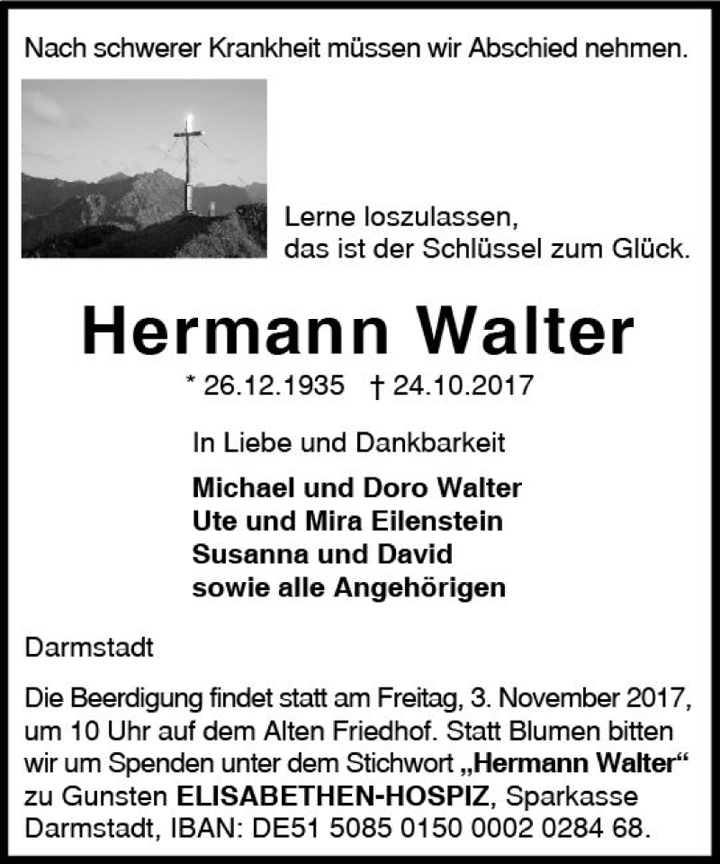  Traueranzeige für Hermann Walter vom 28.10.2017 aus Trauerportal Echo Online
