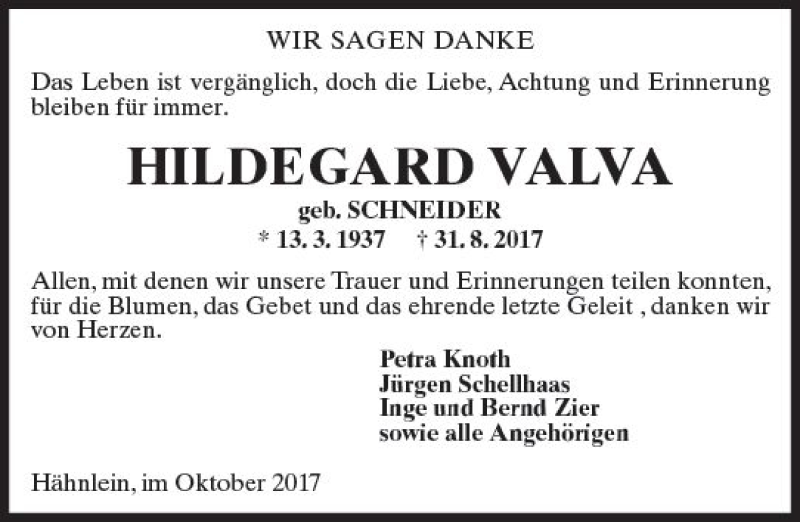  Traueranzeige für Hildegard Valva vom 07.10.2017 aus Trauerportal Echo Online