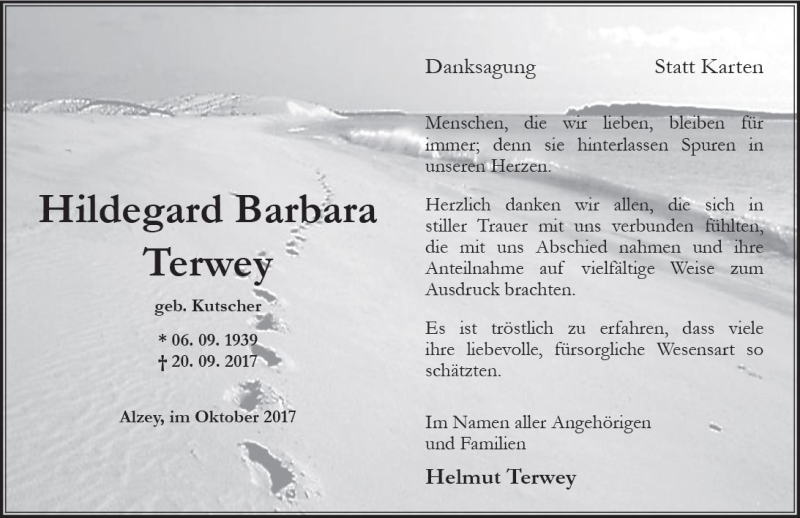  Traueranzeige für Hildegard Barbara Terwey vom 07.10.2017 aus Trauerportal Rhein Main Presse