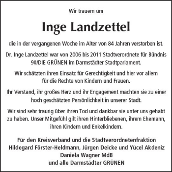 Traueranzeige von Inge Landzettel von Trauerportal Echo Online