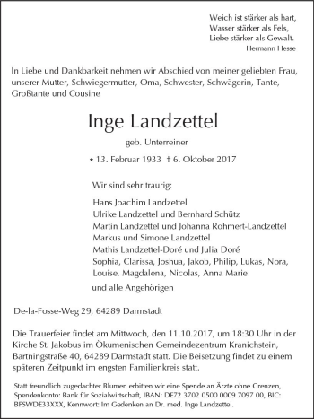 Traueranzeige von Inge Landzettel von Trauerportal Echo Online