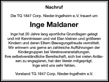 Traueranzeige von Inge Maldaner von Trauerportal Rhein Main Presse