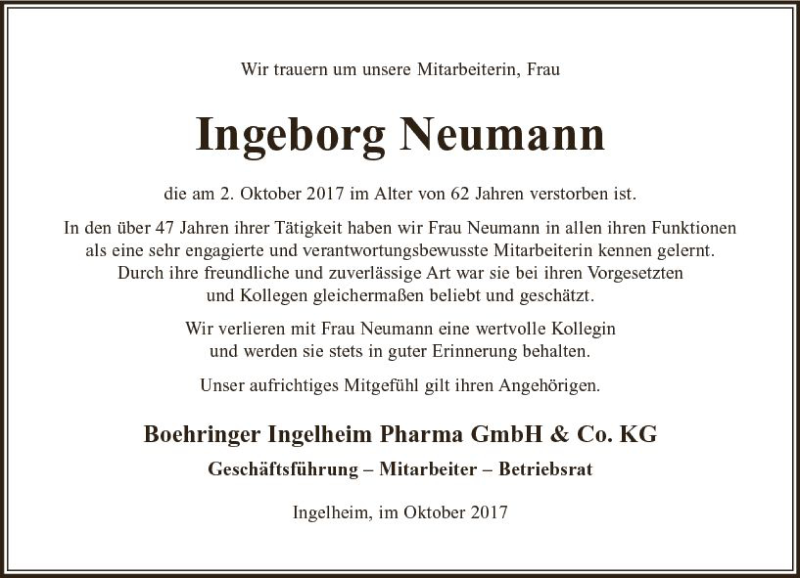  Traueranzeige für Ingeborg Neumann vom 14.10.2017 aus Trauerportal Rhein Main Presse