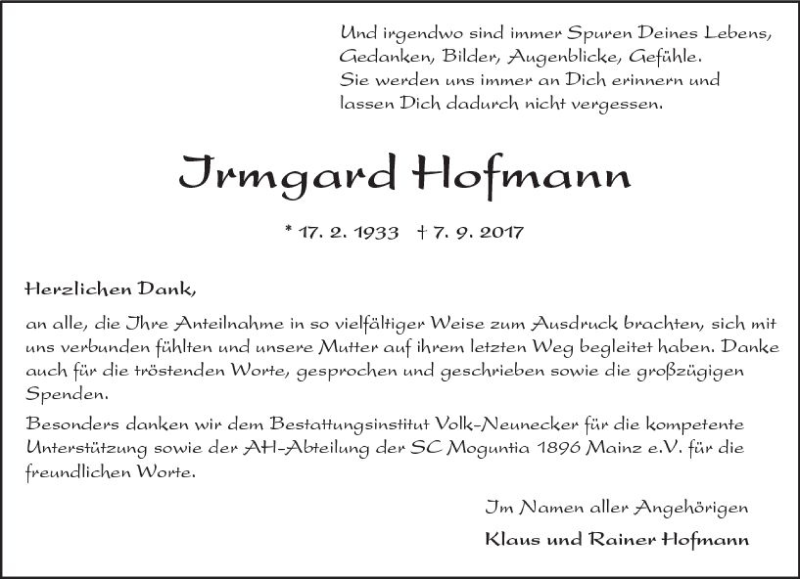 Traueranzeige für Irmgard Hofmann vom 07.10.2017 aus Trauerportal Rhein Main Presse