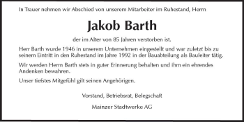 Traueranzeige von Jakob Barth von Trauerportal Rhein Main Presse