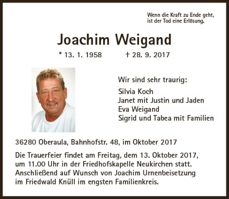  Traueranzeige für Joachim Weigand vom 07.10.2017 aus VRM Trauer