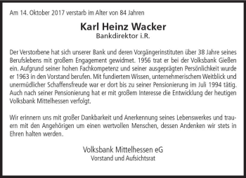 Traueranzeige von Karl Heinz Wacker von  Gießener Anzeiger