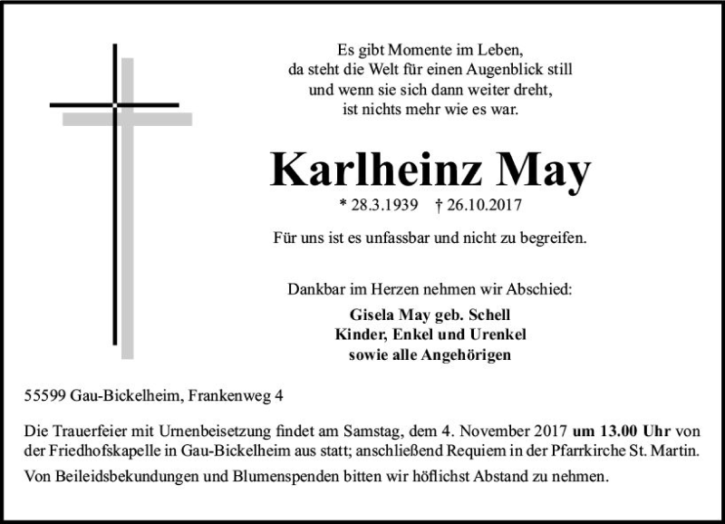  Traueranzeige für Karlheinz May vom 30.10.2017 aus Trauerportal Rhein Main Presse