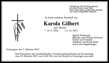 Traueranzeige von Karola Gilbert von  Gießener Anzeiger