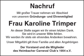 Traueranzeige von Karoline Trimper von Trauerportal Rhein Main Presse