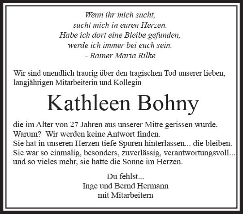  Traueranzeige für Kathleen Bohny vom 25.10.2017 aus  Lauterbacher Anzeiger