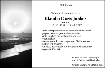 Traueranzeige von Klaudia Doris Junker von VRM Trauer