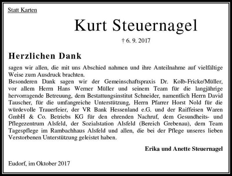  Traueranzeige für Kurt Steuernagel vom 28.10.2017 aus VRM Trauer
